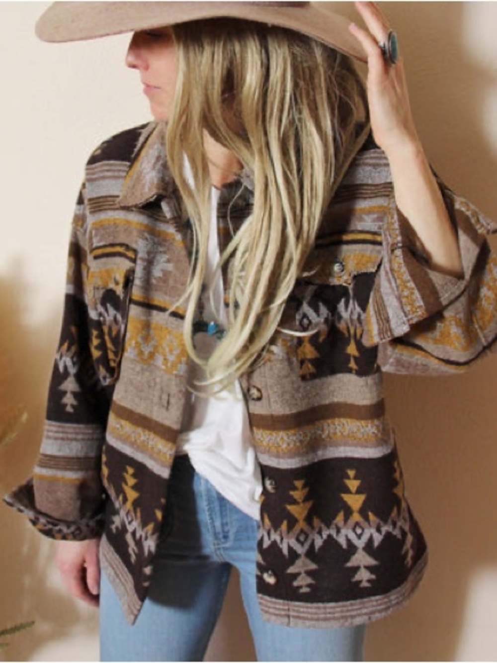 Aztec Shacket Shirt Jacket Boho Western Southwestern Tribal Print Oversized - Picture 3 of 8